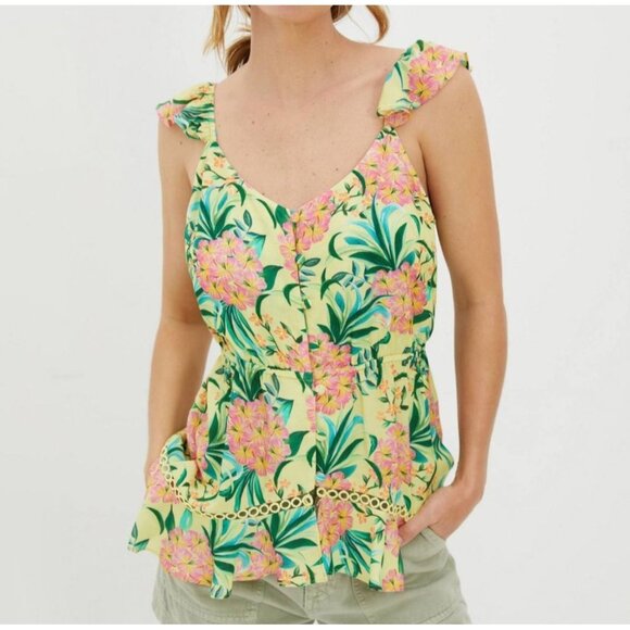 Farm Rio Anthropologie Floral Ruffle Strap Tank Top Size Large Boho Peasant - Picture 1 of 16